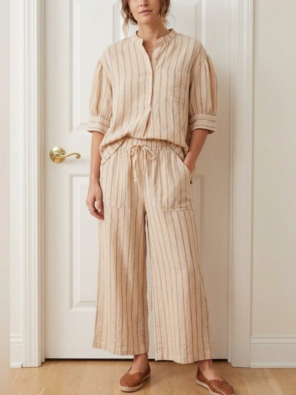 Stark X vintage beige blue striped 100% linen Joey top/ankle pant set M/XL